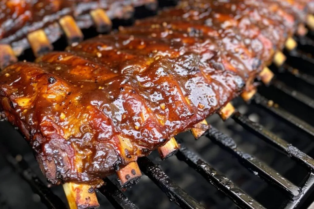 Close-up of juicy BBQ pork ribs on a gas grill, glazed with a rich barbecue sauce – perfect for backyard grilling recipes and summer cookouts.