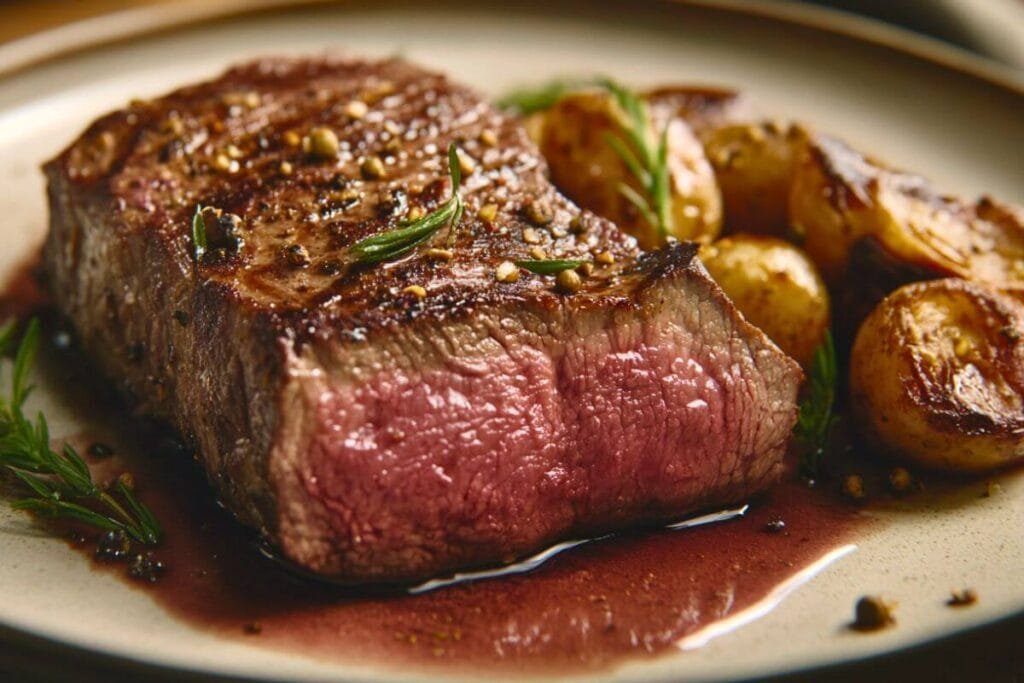 Perfectly cooked top sirloin steak served medium-rare with roasted baby potatoes and rosemary – a delicious example answering 'is top sirloin a good cut of meat' with its tenderness and rich flavor.