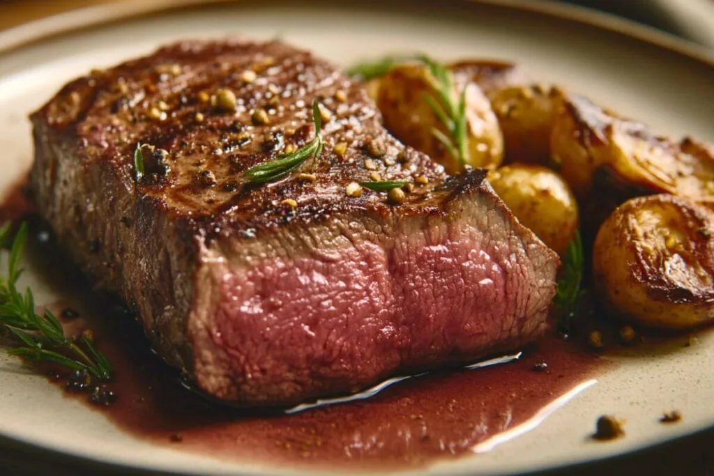 Perfectly cooked top sirloin steak served medium-rare with roasted baby potatoes and rosemary – a delicious example answering 'is top sirloin a good cut of meat' with its tenderness and rich flavor.