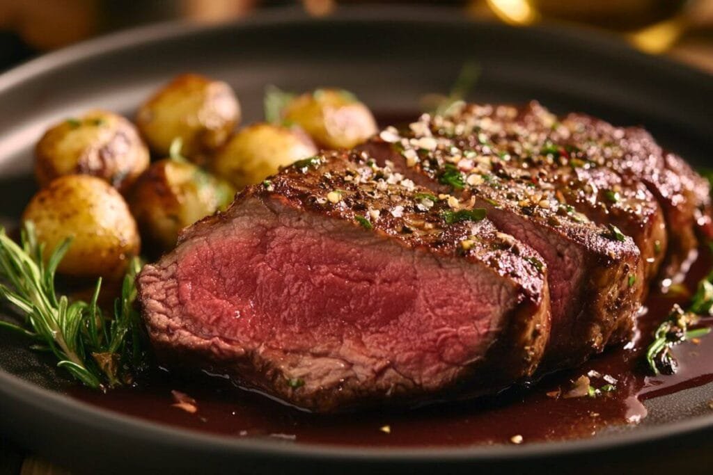 Juicy medium-rare top sirloin steak sliced and served with roasted baby potatoes and herbs – ideal for answering the question 'is top sirloin a good cut of meat' with a visual example of tenderness and flavor.