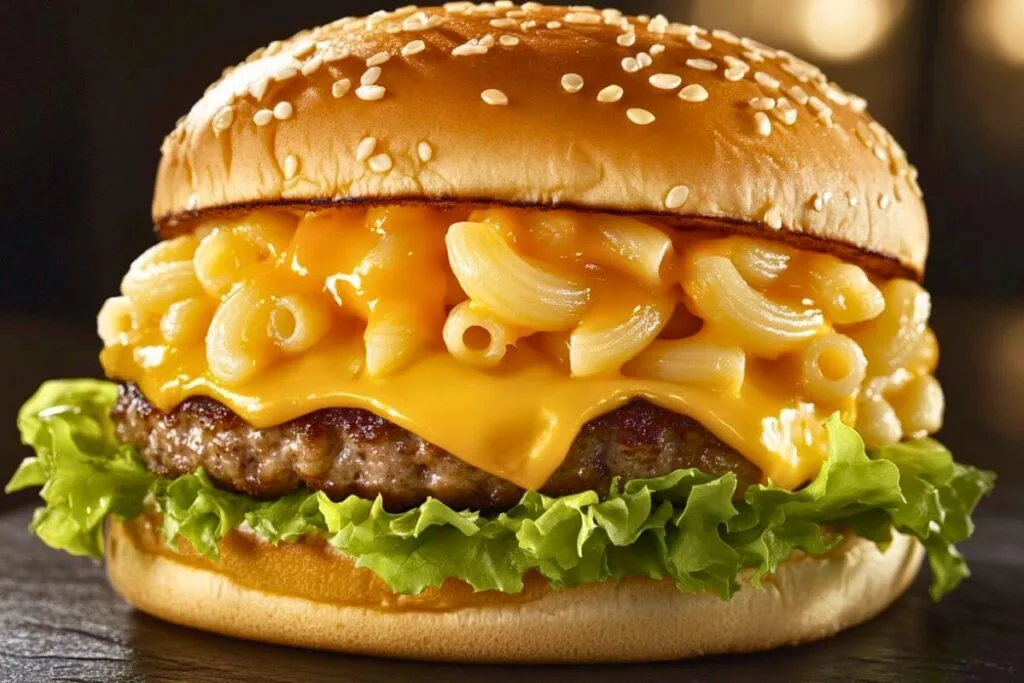 Close-up of a mac and cheese burger with creamy macaroni and melted cheddar stacked over a juicy beef patty, crisp lettuce, and a sesame seed bun – the ultimate comfort food for mac and cheese burger lovers.