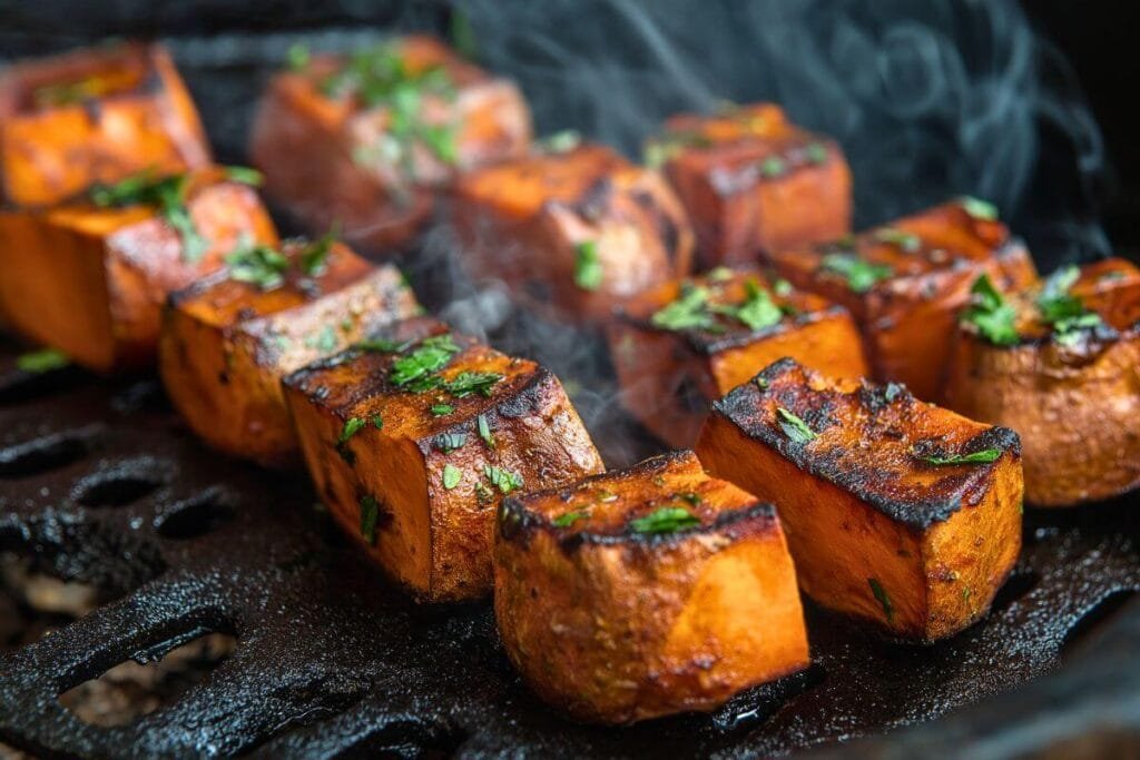 Chunks of smoked sweet potatoes on a grill, seasoned and garnished with fresh herbs – a flavorful and healthy BBQ side dish perfect for smoked sweet potatoes recipes.