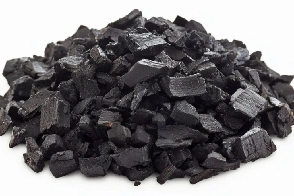 Close-up of finely broken charcoal pieces – detailed view for illustrating the final product in guides on how to make charcoal at home or naturally.