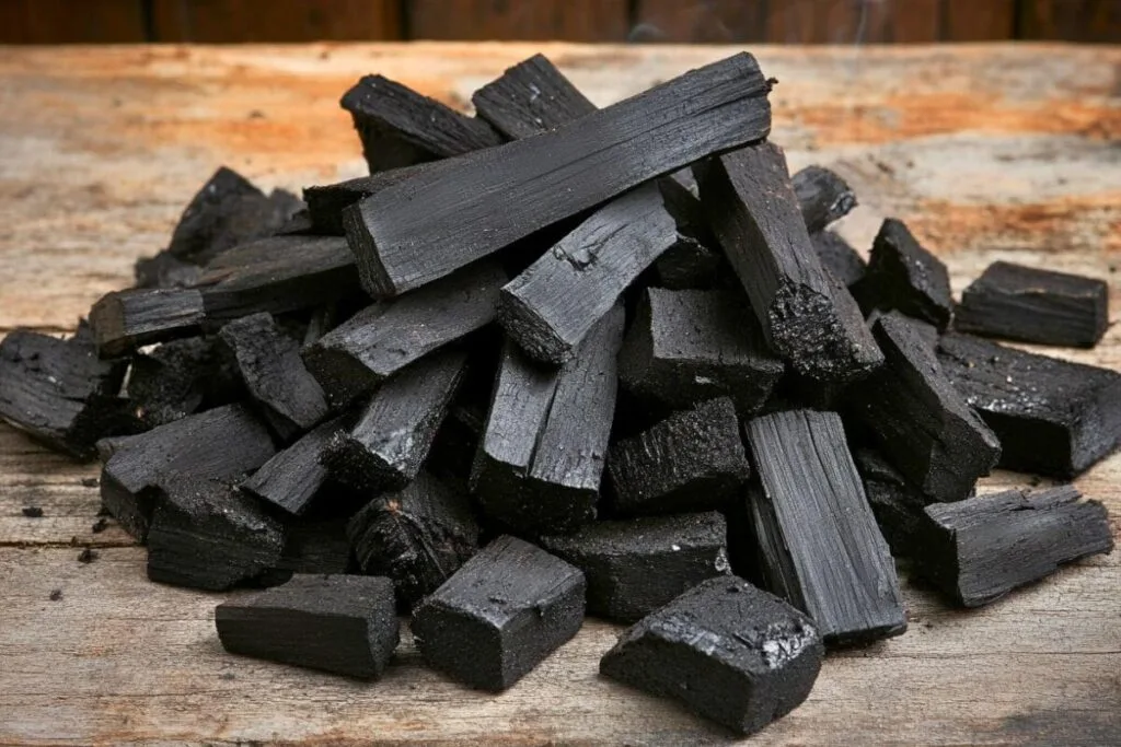 Pile of homemade charcoal chunks on a rustic wooden surface – perfect for tutorials and step-by-step guides on how to make charcoal using traditional methods.