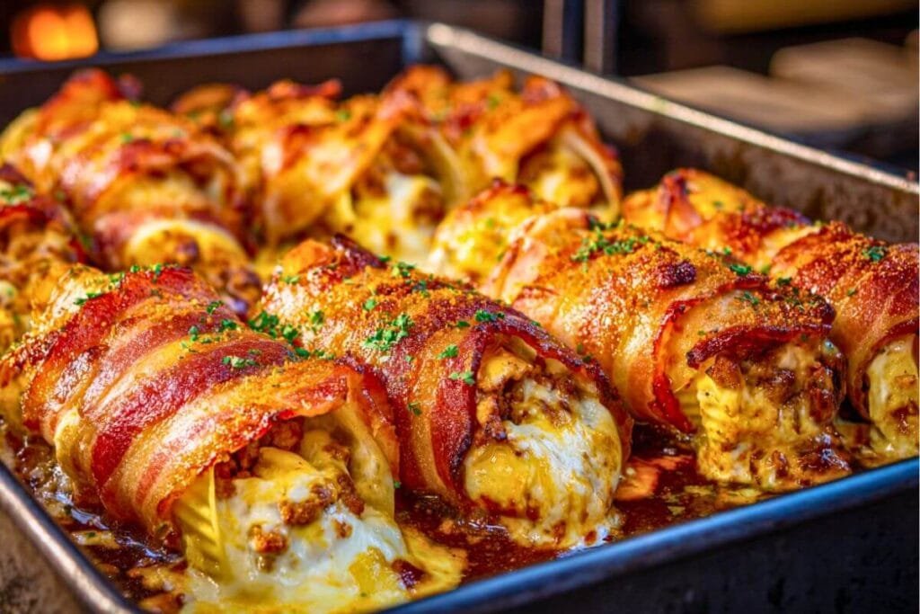 Delicious shotgun shells food featuring pasta tubes stuffed with seasoned meat and cheese, wrapped in crispy bacon, and baked to perfection – a trending BBQ appetizer known as shotgun shells food.