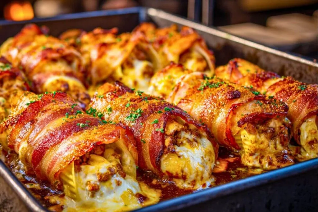 Delicious shotgun shells food featuring pasta tubes stuffed with seasoned meat and cheese, wrapped in crispy bacon, and baked to perfection – a trending BBQ appetizer known as shotgun shells food.
